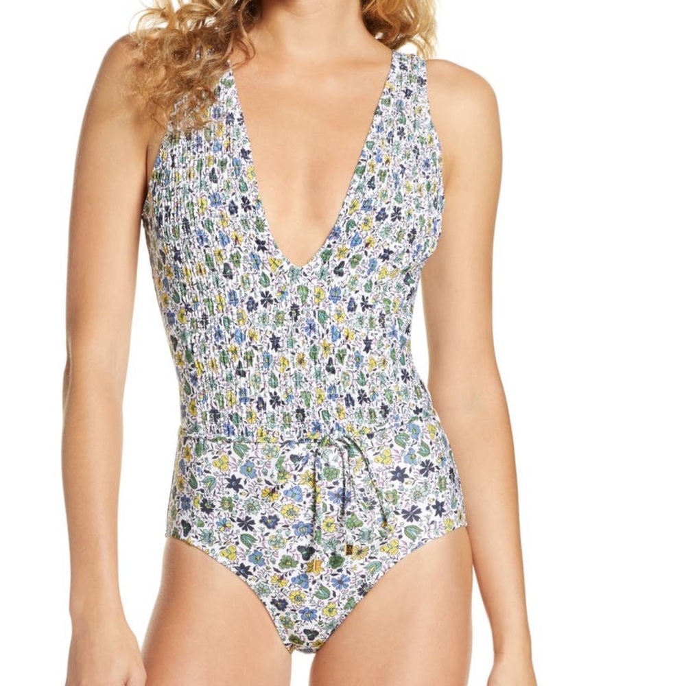 Tory Burch Print Smocked One-Piece Swimsuit In Love Floral Degrade Pattern NWT